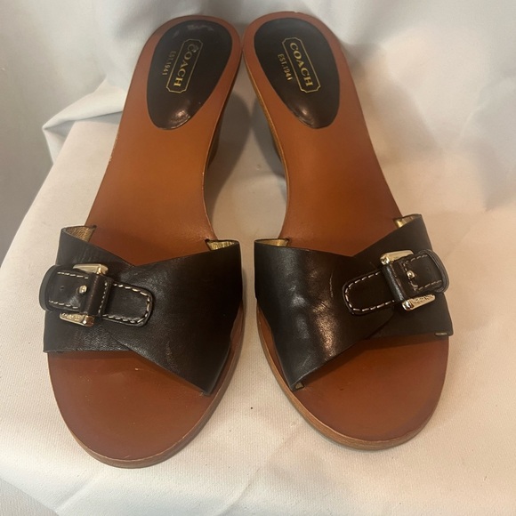 Coach Black and Brown Wedge Sandals with Patent Leather Strap - Picture 5 of 7